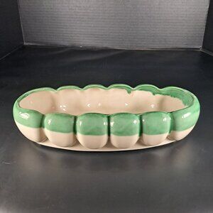 MCM, Vintage Oblong Ceramic Planter Green Drip Glaze And Ivory Base